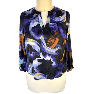 Nine West Tunic Blouse Women's L Black Blue Brown Marble V-Neck Balloon Sleeve